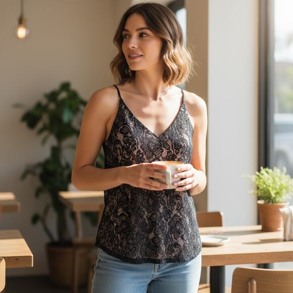 LOFT Black Lace Tank Top Nude Liner Camisole Spaghetti Strap Size M - Picture 1 of 12